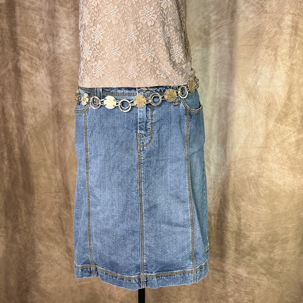 Y2K Denim Midi Skirt Blue Jean Paneled Medium Wash A Line Boho Indie Sleaze Folk